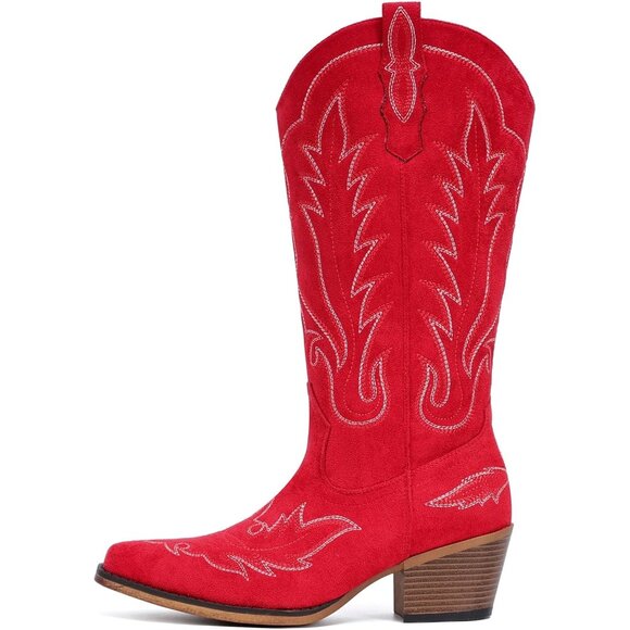 Women Red Faux Suede Retro Snip Toe Chunky Block Heel Embroidered Western Boot - Picture 3 of 4